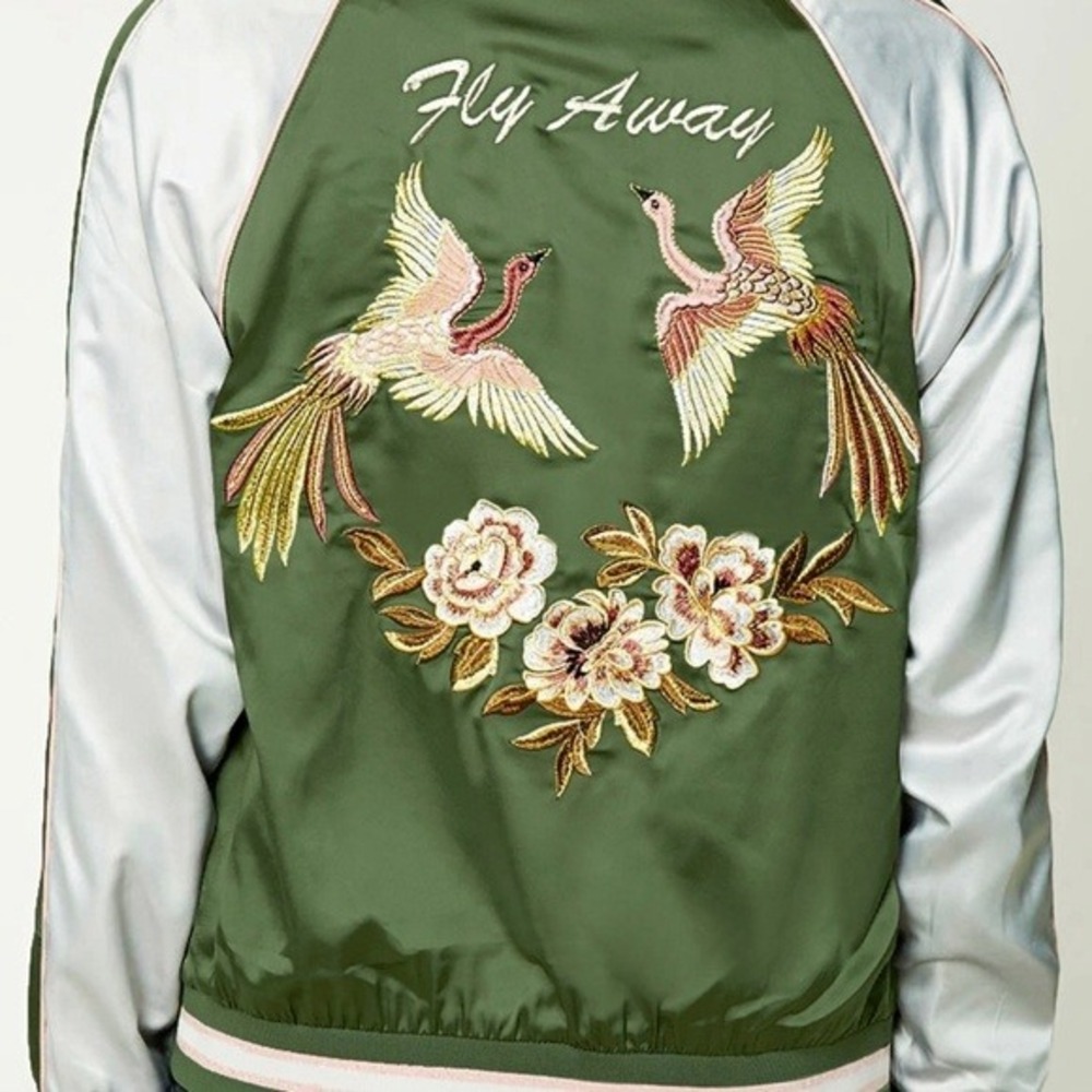 Forever 21 Contemporary Satin Bomber Jacket Olive Green Crane Floral XL Womens